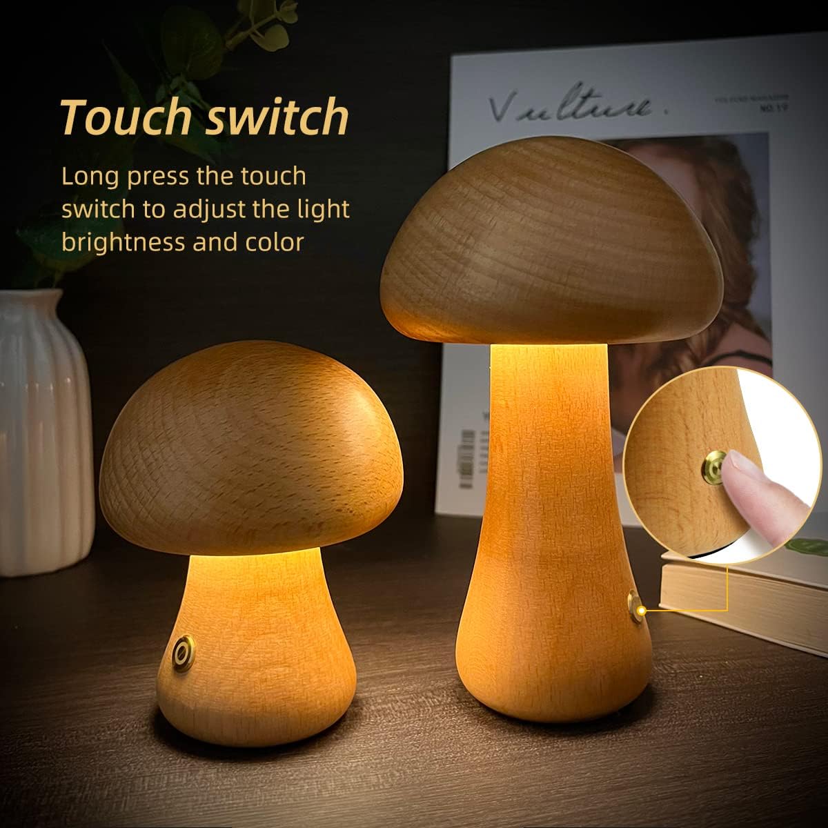 MushLumi | Holz-Pilz LED Nachtlampe mit Touch-Schalter
