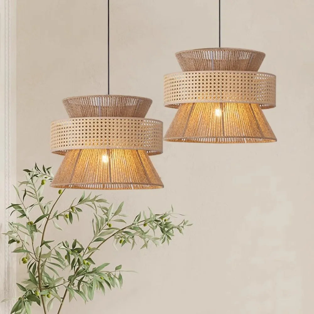 Wabi | Pendelleuchte aus Rattan & Hanfseil – Retrodesign, Ø40/50/60 cm, LED E27, Für Esszimmer & Wohnzimmer
