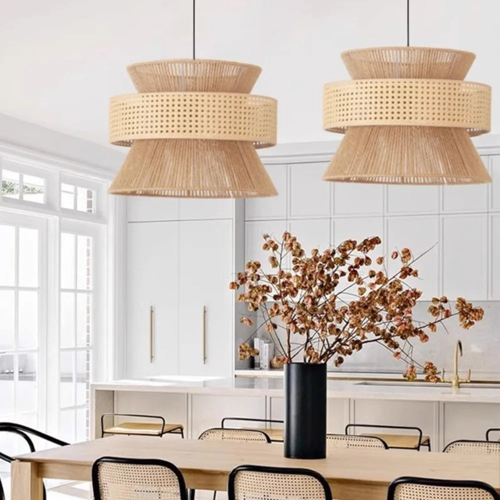 Wabi | Pendelleuchte aus Rattan & Hanfseil – Retrodesign, Ø40/50/60 cm, LED E27, Für Esszimmer & Wohnzimmer