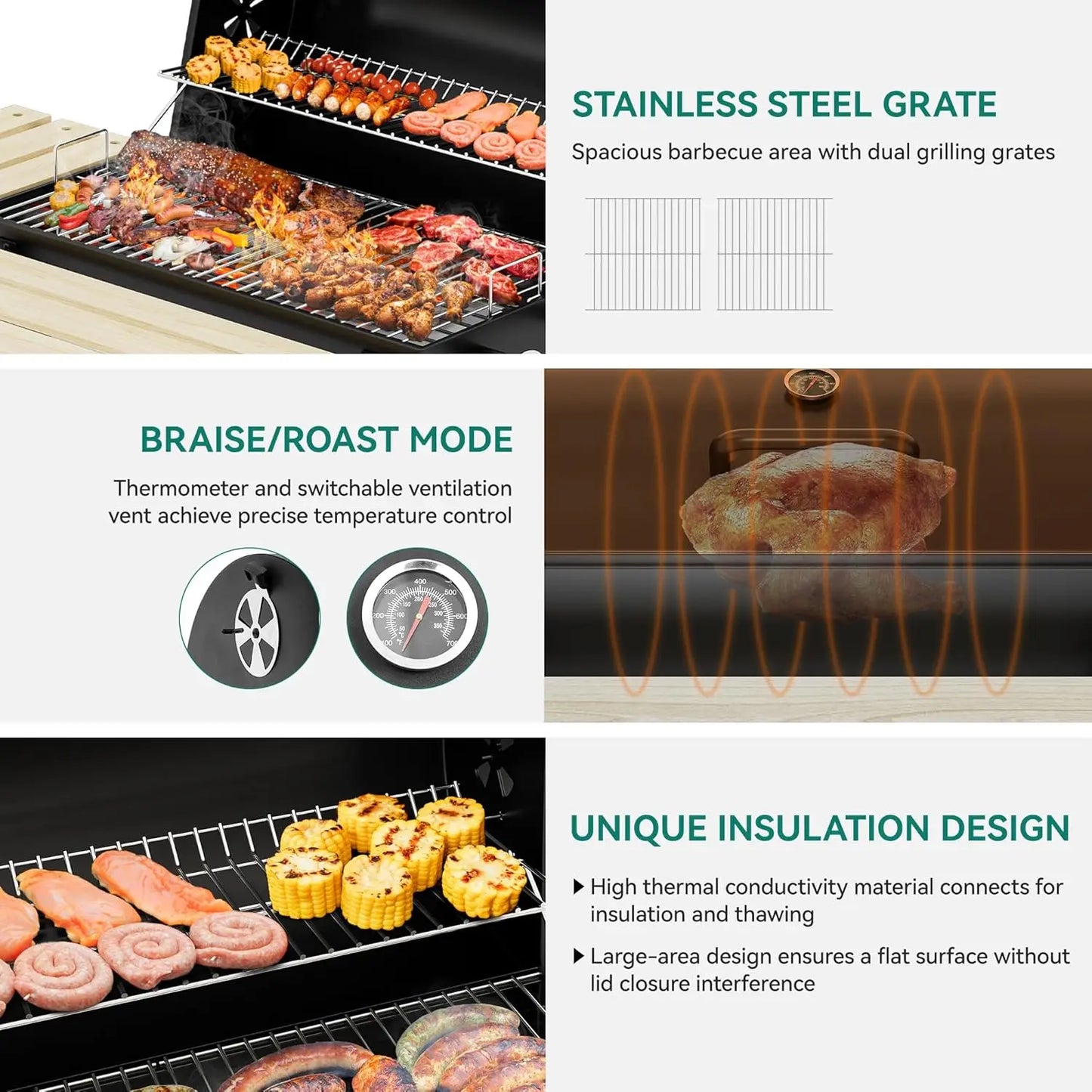 Holzkohle Grillwagen mit Höhenverstellbarer Kohlenpfanne und Integriertem Thermometer – Ideal für Outdoor-Partys