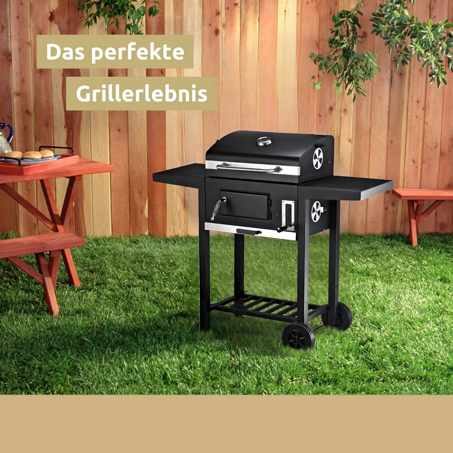 XXL Holzkohlegrill Trolley mit Deckel – Tragbar, Schwarz, Inkl. Grillhandschuh