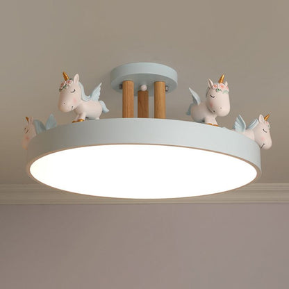 EinhornTraum | LED-Deckenleuchte – Kinderzimmerlampe mit Einhornmotiv aus Metall & Holz, Dimmbar,Weiß/Rosa/Blau