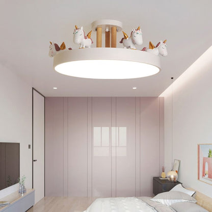 EinhornTraum | LED-Deckenleuchte – Kinderzimmerlampe mit Einhornmotiv aus Metall & Holz, Dimmbar,Weiß/Rosa/Blau