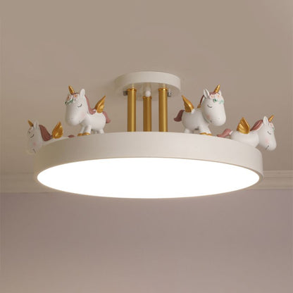 EinhornTraum | LED-Deckenleuchte – Kinderzimmerlampe mit Einhornmotiv aus Metall & Holz, Dimmbar,Weiß/Rosa/Blau