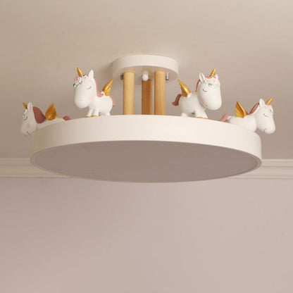 EinhornTraum | LED-Deckenleuchte – Kinderzimmerlampe mit Einhornmotiv aus Metall & Holz, Dimmbar,Weiß/Rosa/Blau