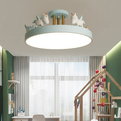 EinhornTraum | LED-Deckenleuchte – Kinderzimmerlampe mit Einhornmotiv aus Metall & Holz, Dimmbar,Weiß/Rosa/Blau