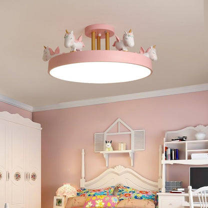 EinhornTraum | LED-Deckenleuchte – Kinderzimmerlampe mit Einhornmotiv aus Metall & Holz, Dimmbar,Weiß/Rosa/Blau