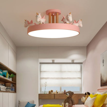 EinhornTraum | LED-Deckenleuchte – Kinderzimmerlampe mit Einhornmotiv aus Metall & Holz, Dimmbar,Weiß/Rosa/Blau