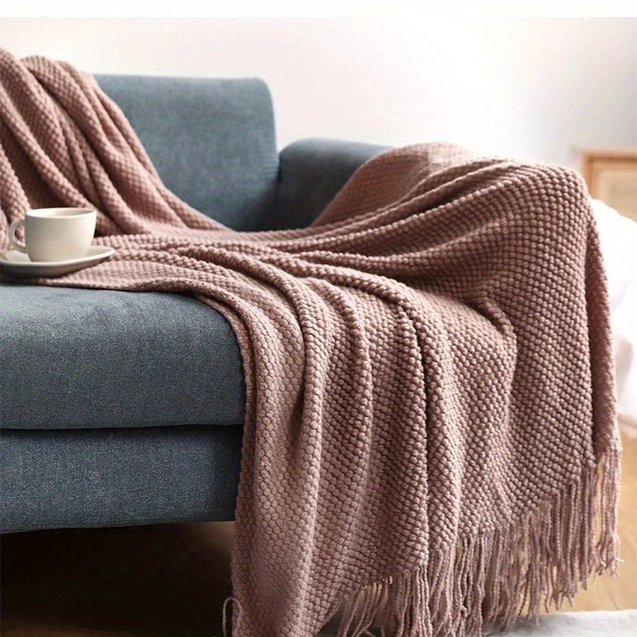 Strickdecke mit Quasten - Leichte Bubbeltextur-Decke für Sofa, Bett und Wohnkultur