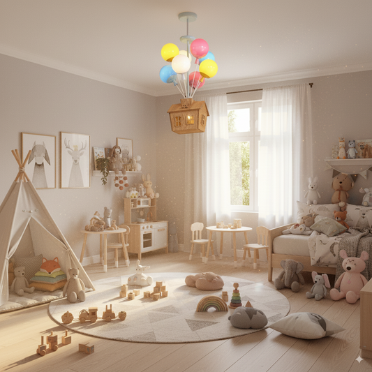 HolzZauber | Kinderzimmer- LED Deckenleuchte – Dimm­bare mit Fernbedienung, im Ballon-Design