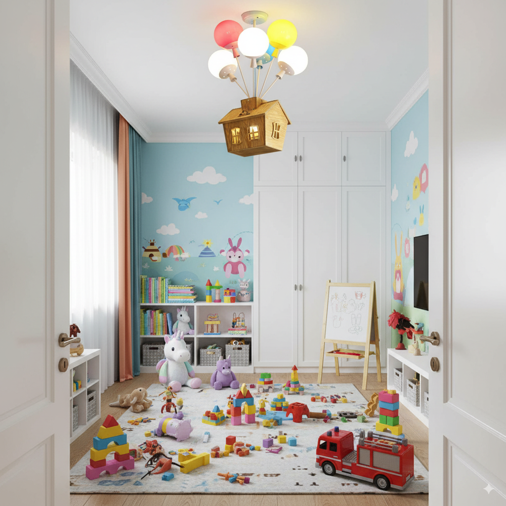 HolzZauber | Kinderzimmer- LED Deckenleuchte – Dimm­bare mit Fernbedienung, im Ballon-Design