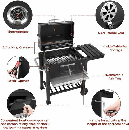 Luxus Holzkohle Grillwagen für 5-10 Personen – Höhenverstellbar mit Thermometer und 2 Rädern
