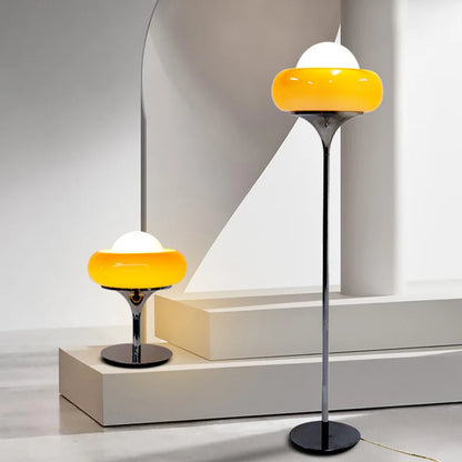 VitaGlow | Retro Tisch- & Stehlampe aus Milchglas und Chrom –  Rot/Gelb