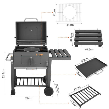 Luxus Holzkohle Grillwagen für 5-10 Personen – Höhenverstellbar mit Thermometer und 2 Rädern