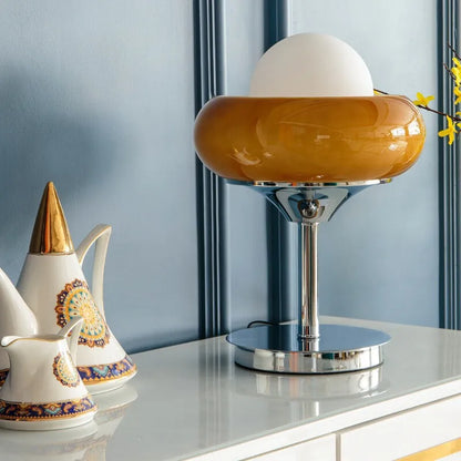VitaGlow | Retro Tisch- & Stehlampe aus Milchglas und Chrom –  Rot/Gelb