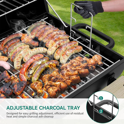 Holzkohle Grillwagen mit Höhenverstellbarer Kohlenpfanne und Integriertem Thermometer – Ideal für Outdoor-Partys