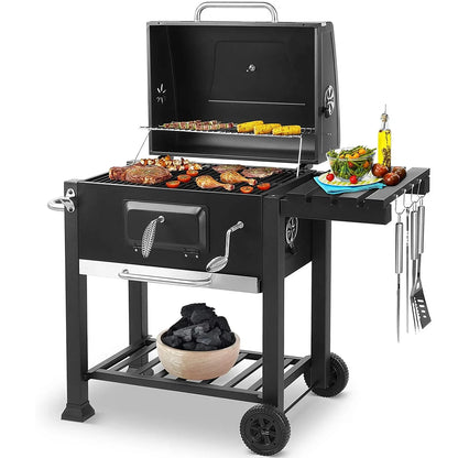Luxus Holzkohle Grillwagen für 5-10 Personen – Höhenverstellbar mit Thermometer und 2 Rädern