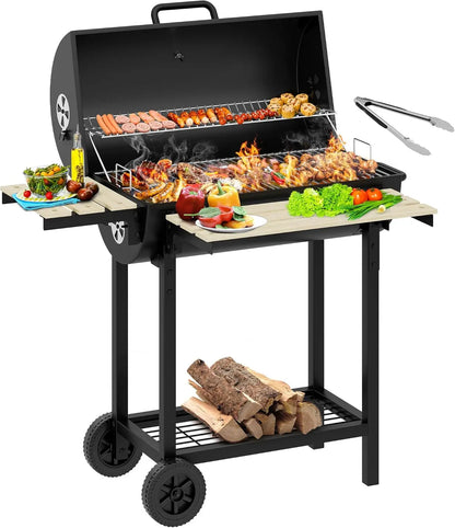 Holzkohle Grillwagen mit Höhenverstellbarer Kohlenpfanne und Integriertem Thermometer – Ideal für Outdoor-Partys