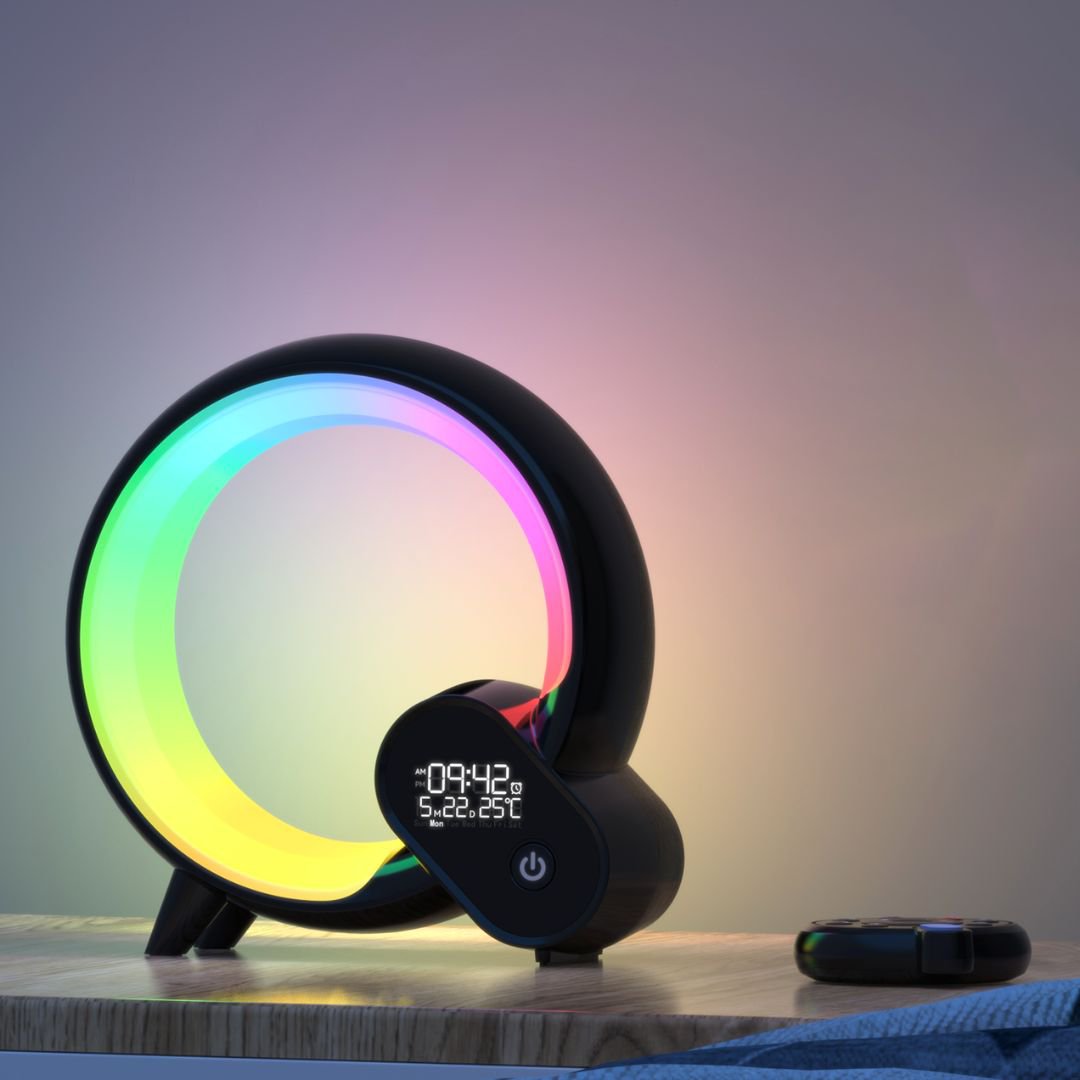 LumiSmart | Intelligente LED-Nachtlampe – Smarte Lampe mit Sonnenaufgangswecker, Bluetooth-Lautsprecher, Weißem Rauschen & RGB-Licht für Schlafzimmer