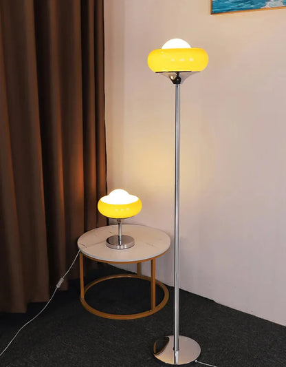 VitaGlow | Retro Tisch- & Stehlampe aus Milchglas und Chrom –  Rot/Gelb