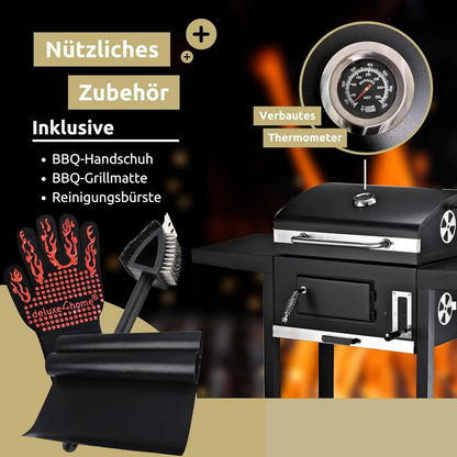 XXL Holzkohlegrill Trolley mit Deckel – Tragbar, Schwarz, Inkl. Grillhandschuh