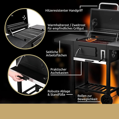 XXL Holzkohlegrill Trolley mit Deckel – Tragbar, Schwarz, Inkl. Grillhandschuh