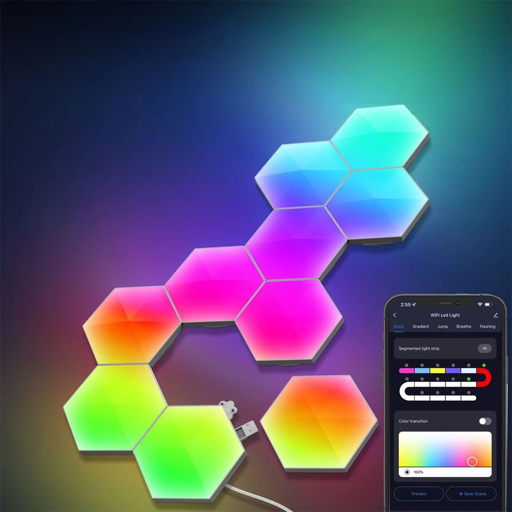 Lucanoo |  Quantum RGB LED Wandlicht-Smart-APP-WIFI-Bluetooth-Sechseck Panel Lampen-Sprachsteuerung Induktions-Neonlicht DIY